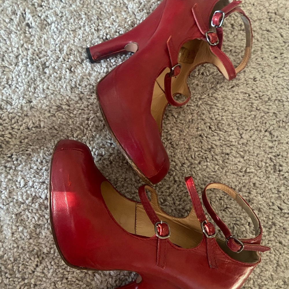 Vintage, red leather triple strap Vivienne Westwood mary jane style heels (6.5)